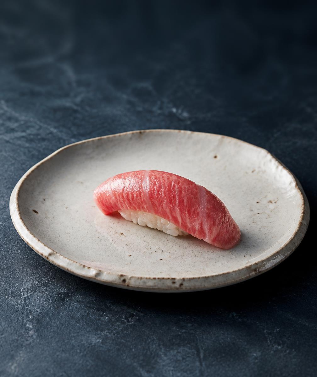 Une pièce de sushi premium au thon gras sur une assiette en céramique japonaise minimaliste