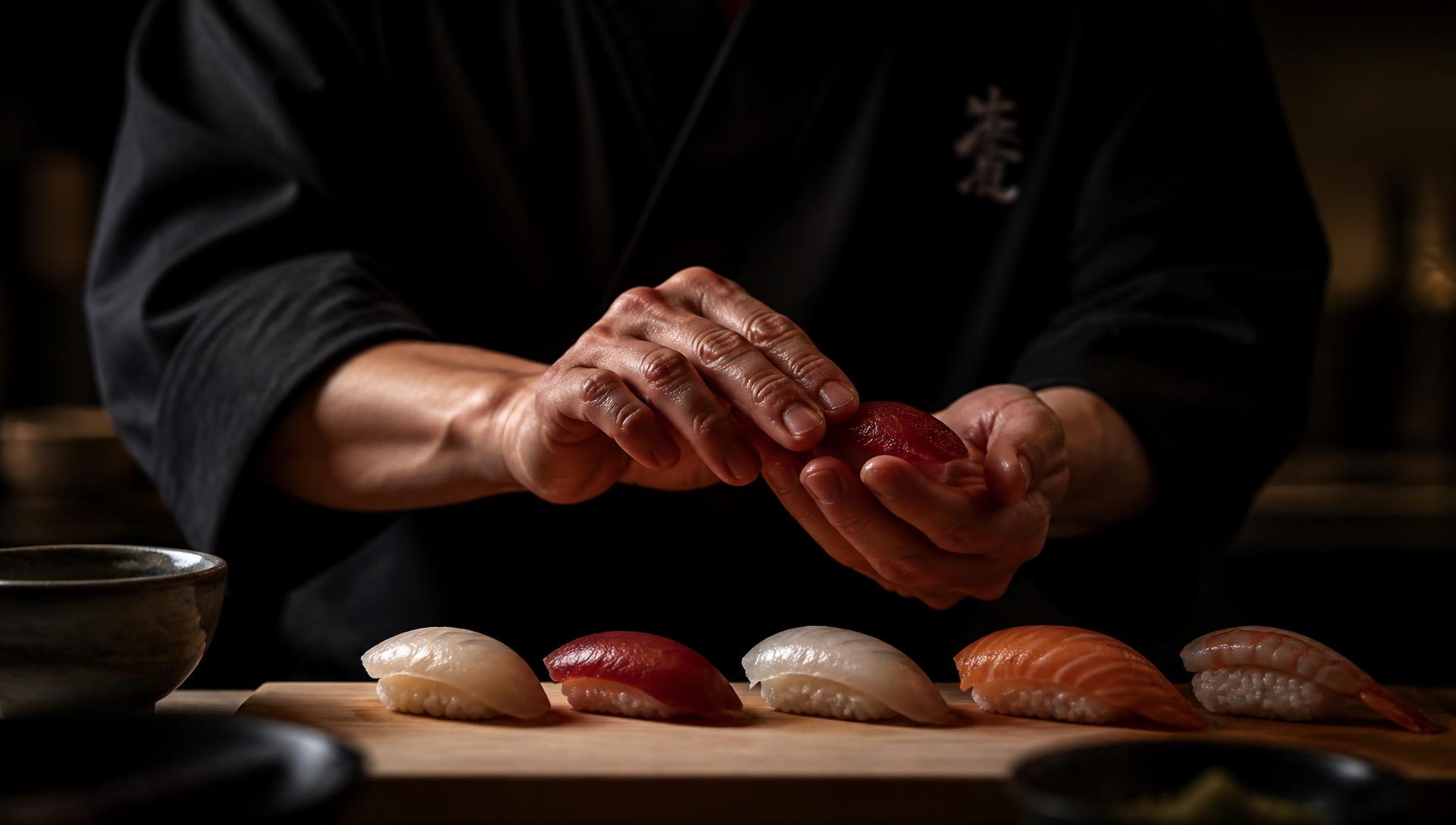 Les mains d'un chef sushi préparant délicatement un nigiri dans une ambiance tamisée